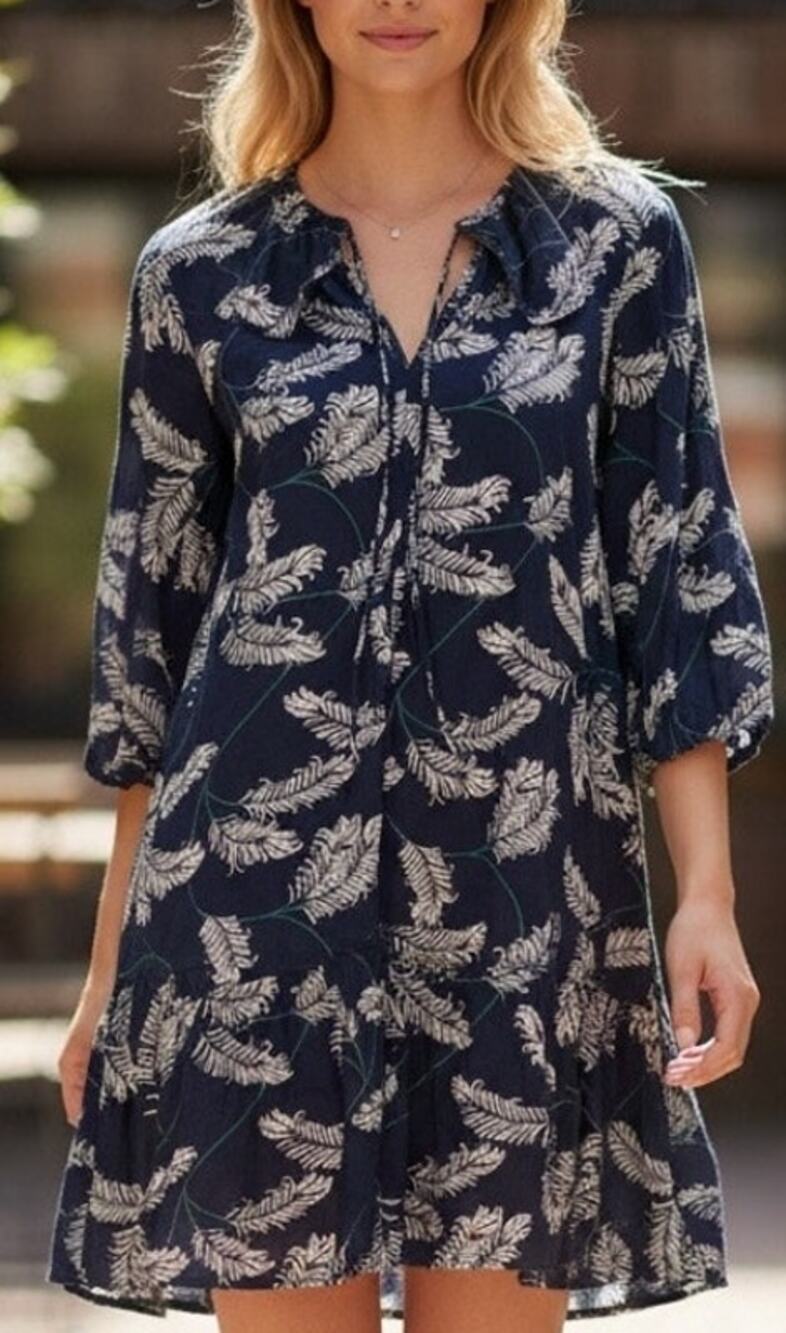 Zara Lightweight Navy Blue Feather Print Mini Shift Dress